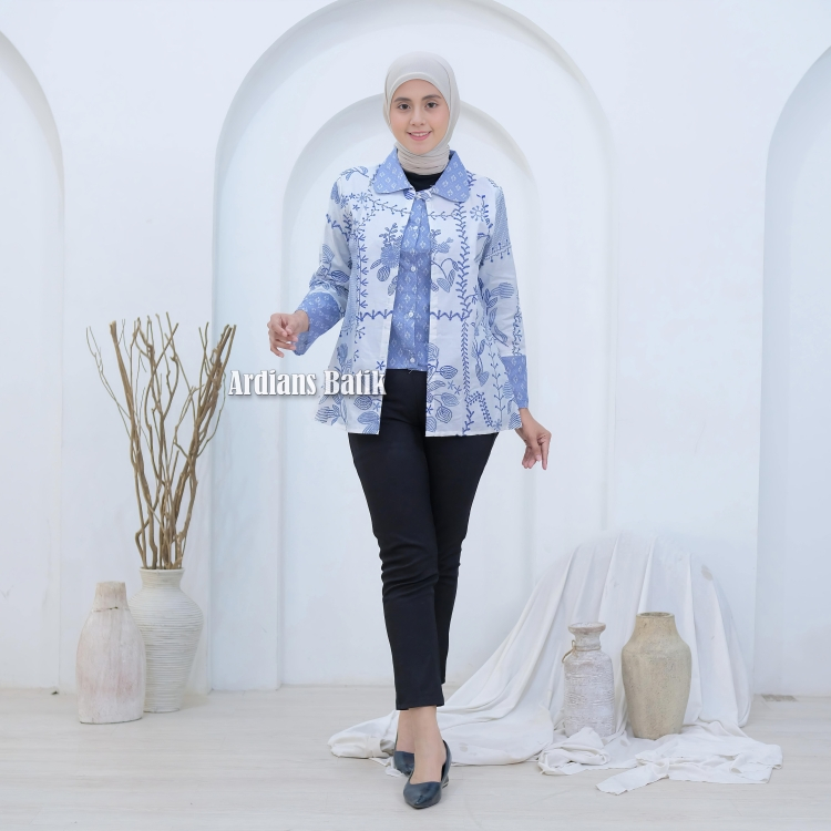 Blouse Batik Bordir Wanita Baju Lengan Panjang Atasan Modern Kekinian Remaja Kantor Rompi