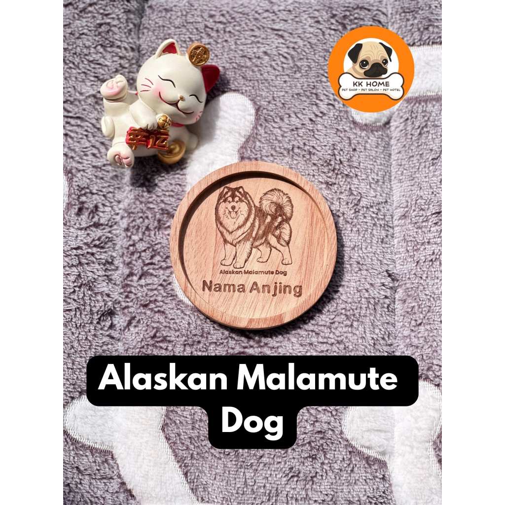 [FREE GRAFIR] Tatakan Gelas Kayu Custom Jenis Anjing Alaskan Malamute dan Nama 9Cm | Coaster Kayu Cu
