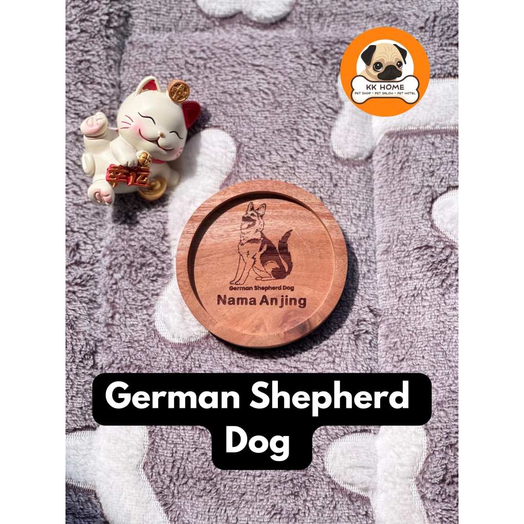 [FREE GRAFIR] Tatakan Gelas Kayu Custom Jenis Anjing German Shepherd dan Nama 9Cm | Coaster Kayu Cus