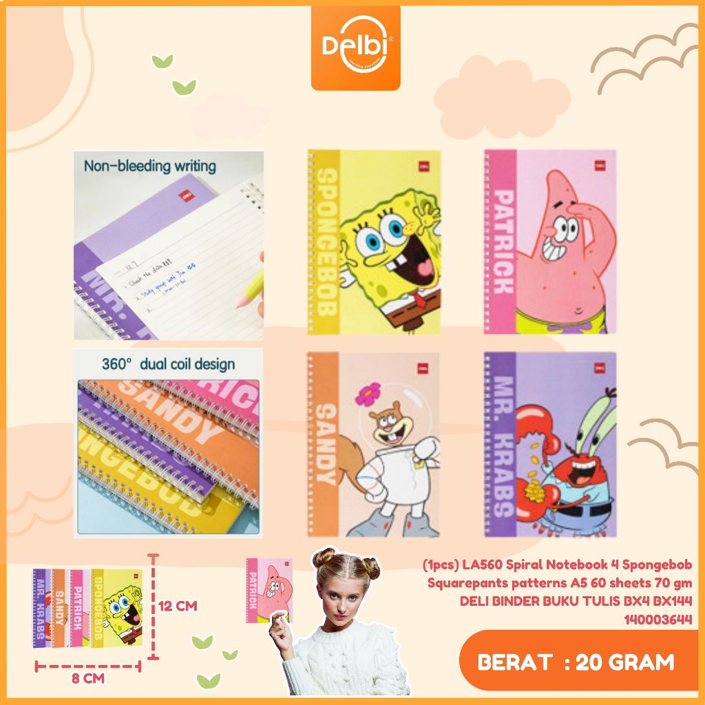 

(1pcs) LA560 Spiral Notebook 4 Spongebob Squarepants patterns A5 60 sheets 70 gm DELI BINDER BUKU TULIS