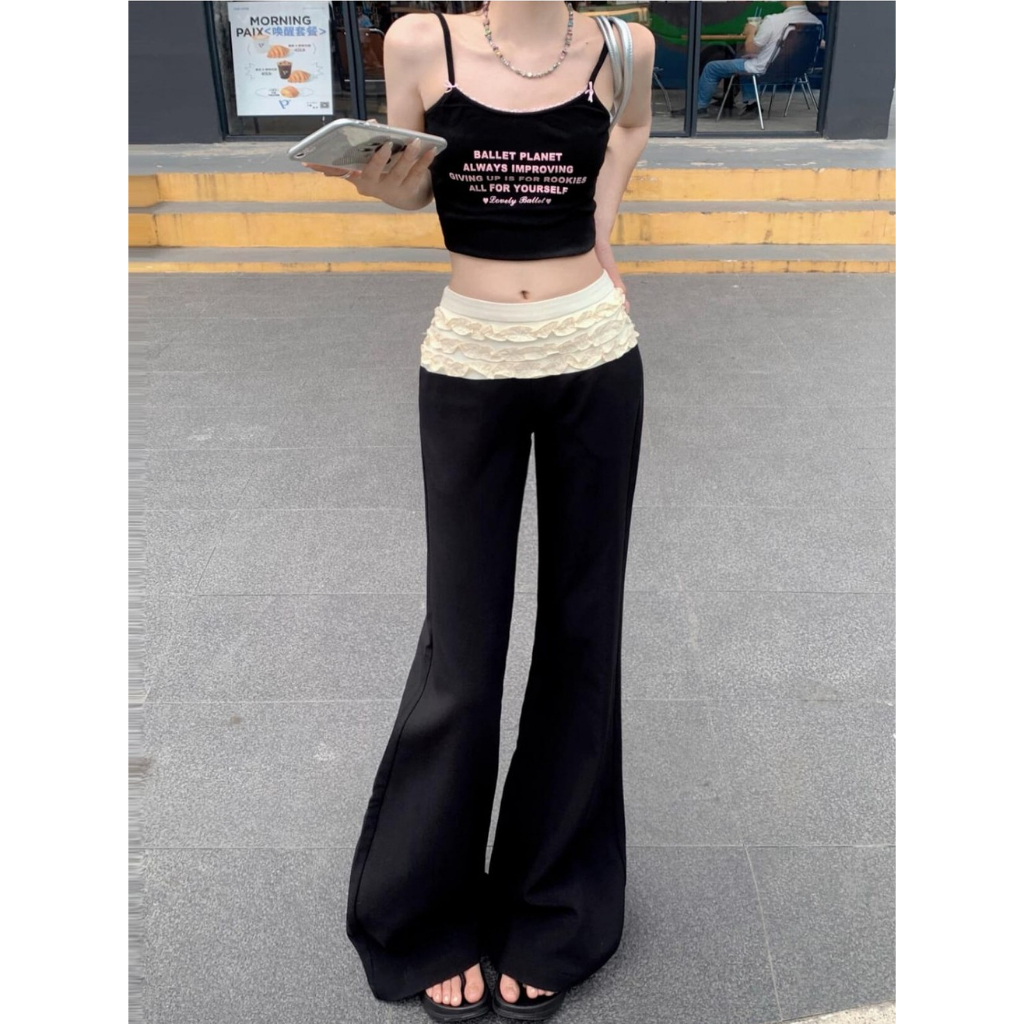 SELAFINE - Celana Flare Pants Cutbray Highwaist - Pinggang Ruffle Putih Korea - Cutbray Kekinian