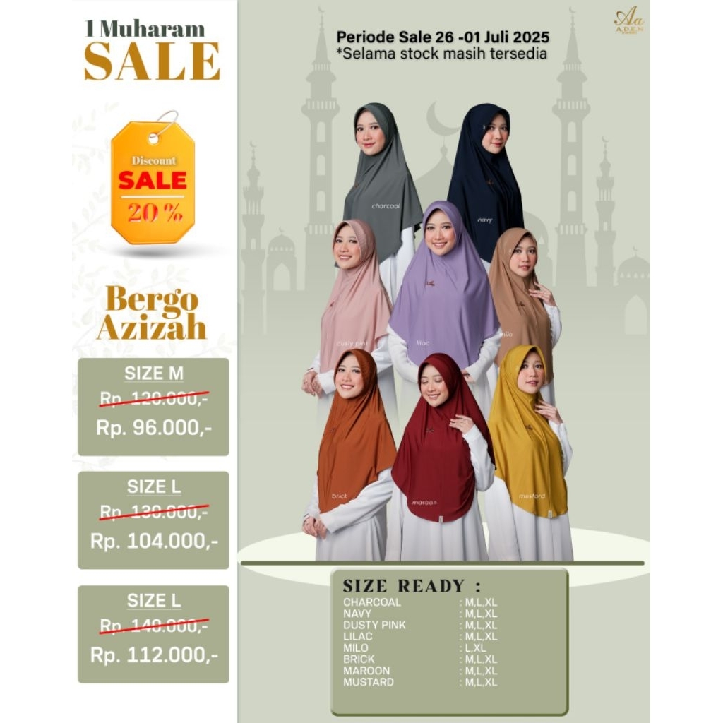 MEGA BEST SELLER DAILY BERGO AZIZAH NEW JULI 2023 BY ADEN HIJAB / JILBAB JERSEY PREMIUM