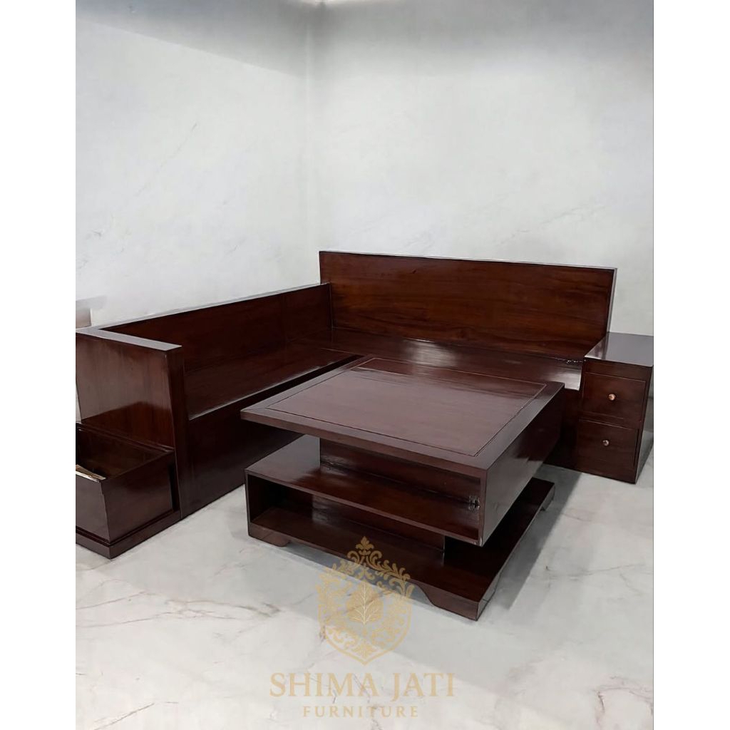 Set Sofa Sudut minimalis modern kayu jati elegan dengan laci samping / Set Kursi Tamu Sudut L Natura