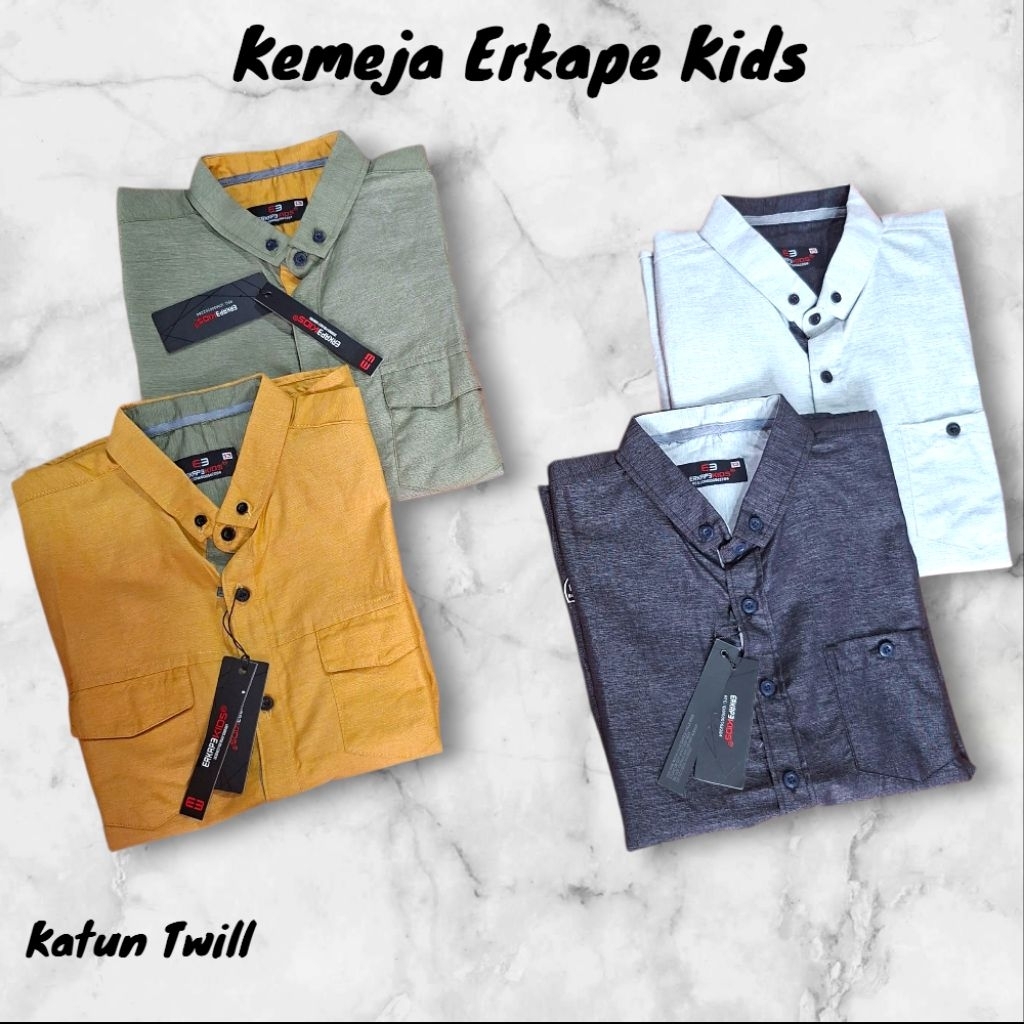KEMEJA PENDEK POLOS ANAK ORIGINAL MERK ERKAPE KIDS SIZE 13 14 15 KATUN TWILL CIGARET✔️