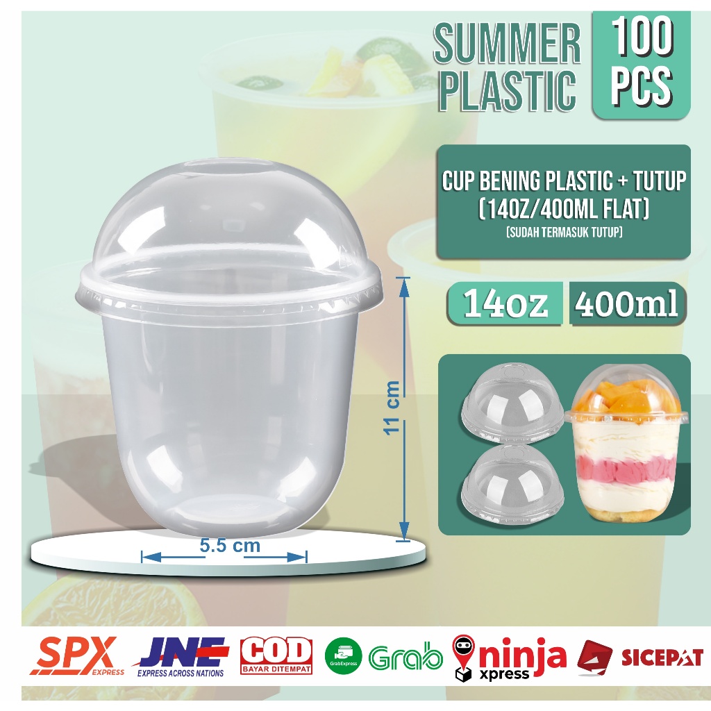 (SUMMER PLASTIC)[100PCS] GELAS BENING PLASTIC OVAL + TUTUP CEMBUNG 14oz 400ML | DESSERT CUP | DESSER
