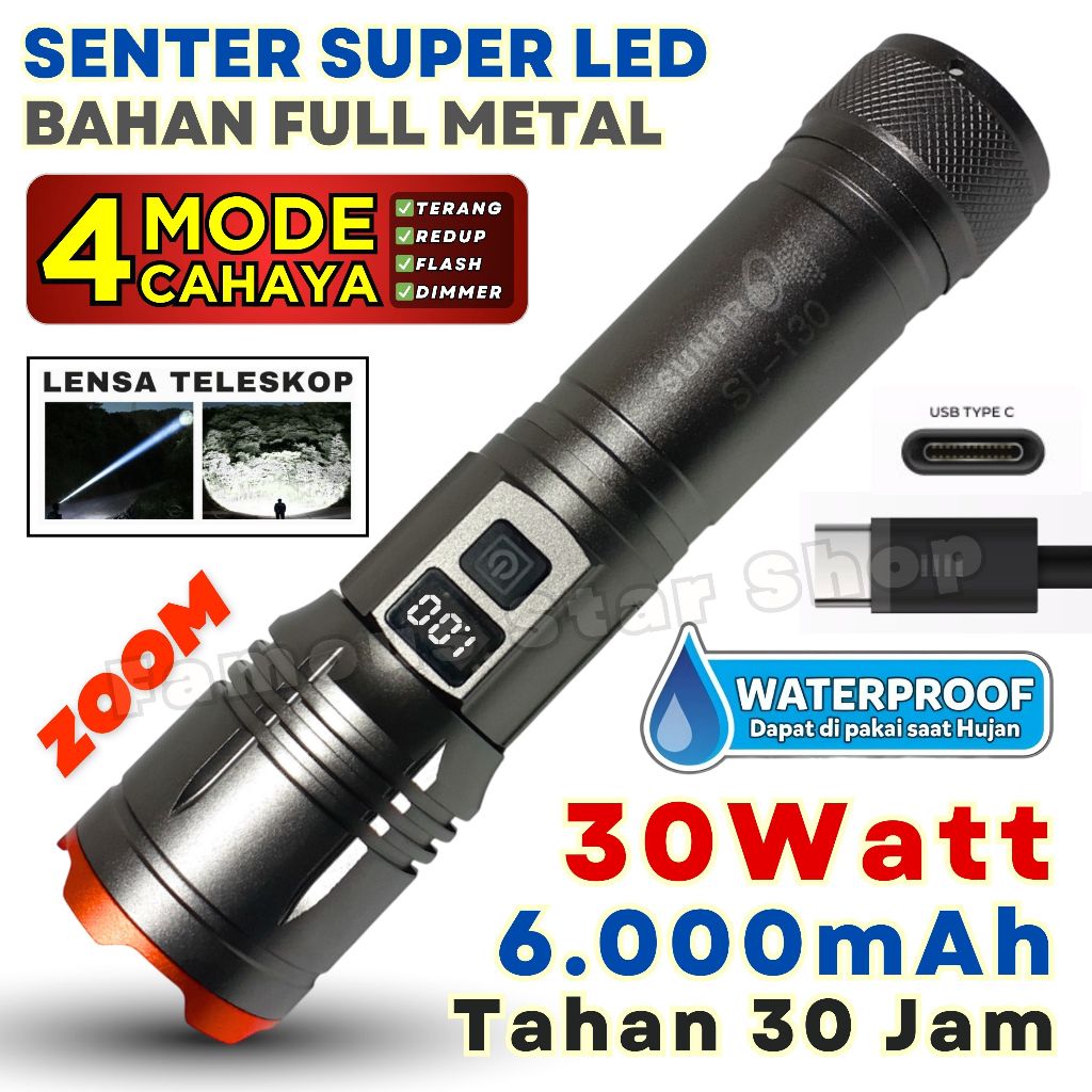 Senter 1000 Meter Lensa Zoom In-Out Full Metal Cahaya Super Terang Tahan 30 Jam Daya 30W  Senter Tan