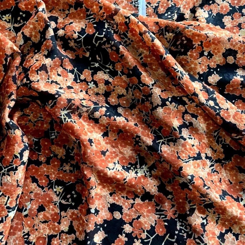 Kain Sifon Uragiri Motif Bunga Sakura Oranye - Bahan Halus Adem Jatuh, Cocok untuk Dress, Blouse & H