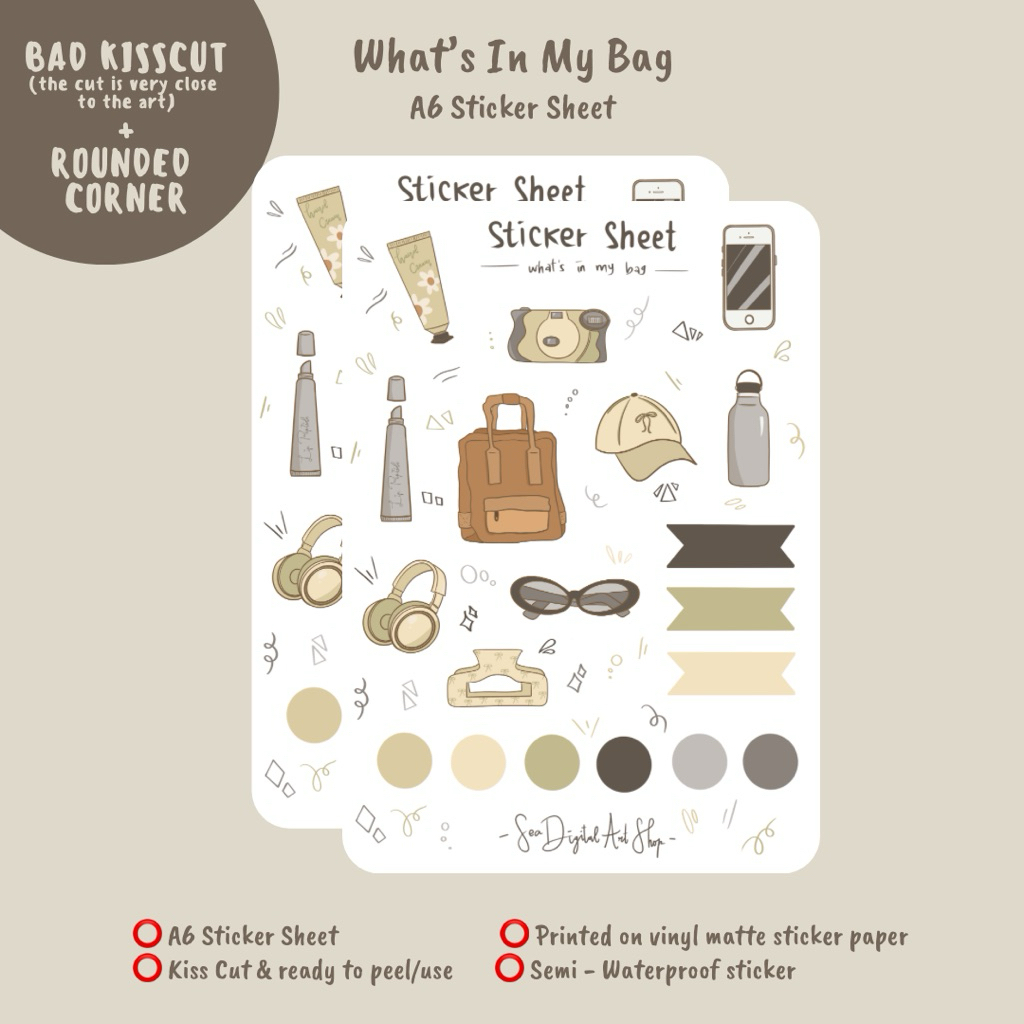 

(Bad Kiss Cut & Rounded Corner) What’s In My Bag — A6 Sticker Sheet | Vinyl Sticker