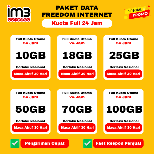PAKET DATA INDOSAT FREEDOM INTERNET TERMURAH FULL 24 JAM 10GB 25GB 50GB 70GB 100GB