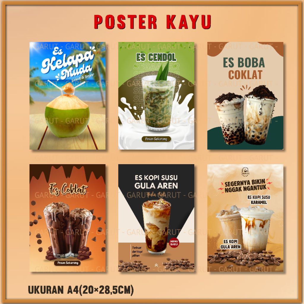 Hiasan dinding menu minuman es boba es kopi susu es kelapa poster kayu aesthetic pajangan dinding