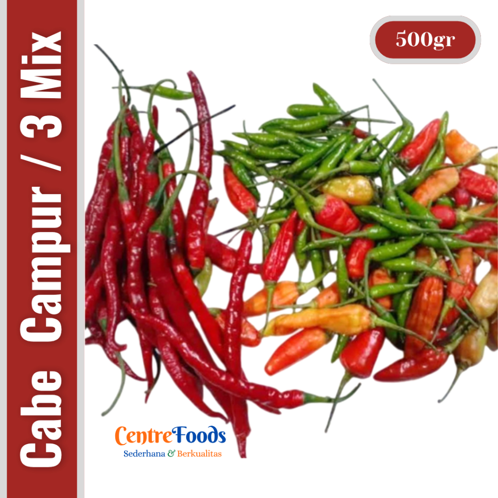 

CABE CAMPUR Merah Keriting + Cabe Rawit Hijau + Cabe Rawit Merah - CABAI MIX Merah Keriting & Cabai Rawit Hijau & Cabai Rawit Merah | 3 Varian Cabe - 500gr [ Harga Per BKS ]