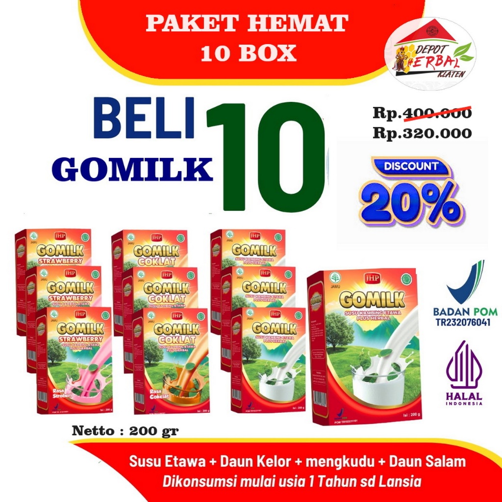 

Paket Hemat 10 Box Gomilk Susu Kambing Etawa plus Herbal Bariklana