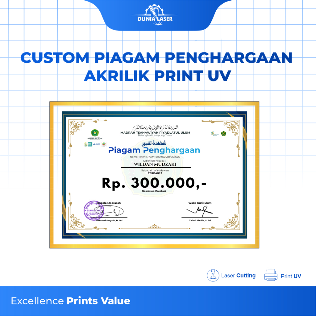 Custom Sertifikat dan Piagam penghargaan akrilik Print UV