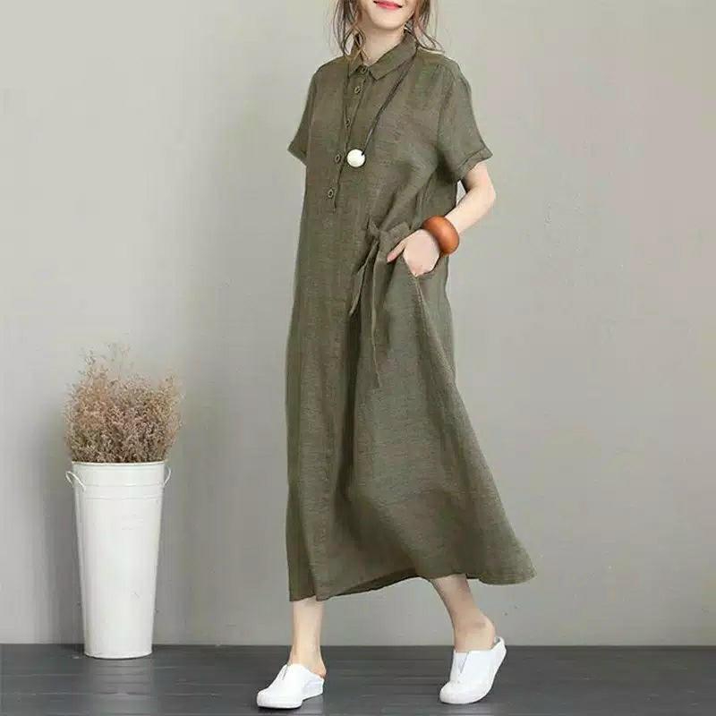 Rana Dress Linen Midi Lengan Pendek Wanita – Simple Casual Adem Elegan