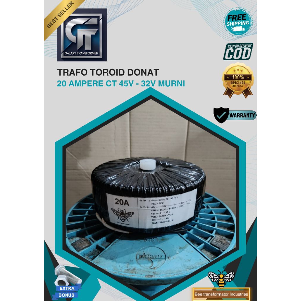 trafo toroid donat 20A CT 45V - 32v murni