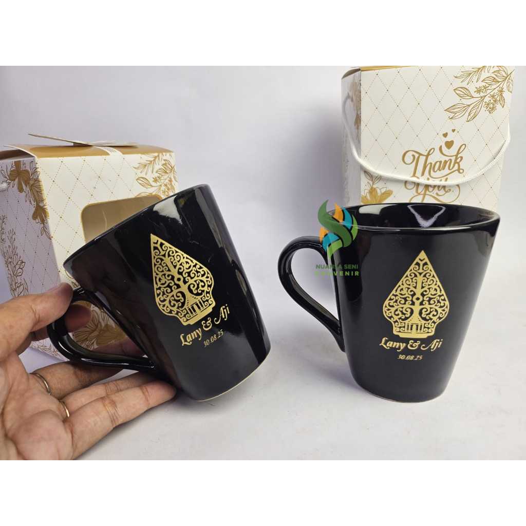 Souvenir Pernikahan Gelas Teh Keramik Motif V Shape Cangkir Cone Porselen Sablon Kemas Box