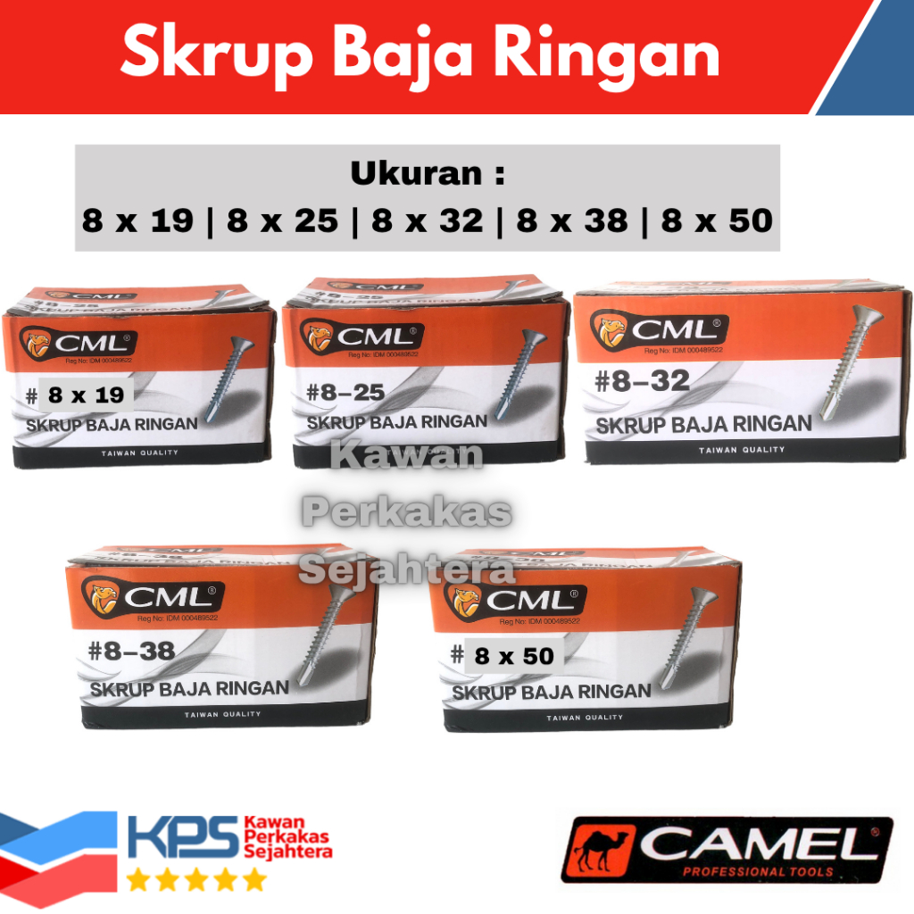 CAMEL Skrup Baja Ringan SDS FH 8 x 19 - 8 x 25 - 8 x 32 - 8 x 38 - 8 x 50 | Sekrup Roofing Flat Head