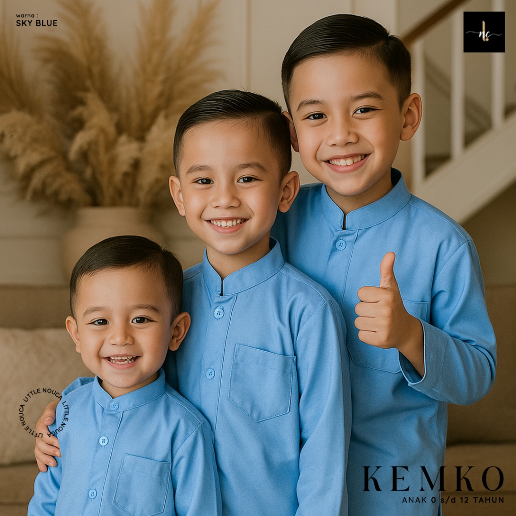 Kemko Kemeja Blue Biru Koko  Anak Terbaru Polos Lengan Panjang Pendek Biru