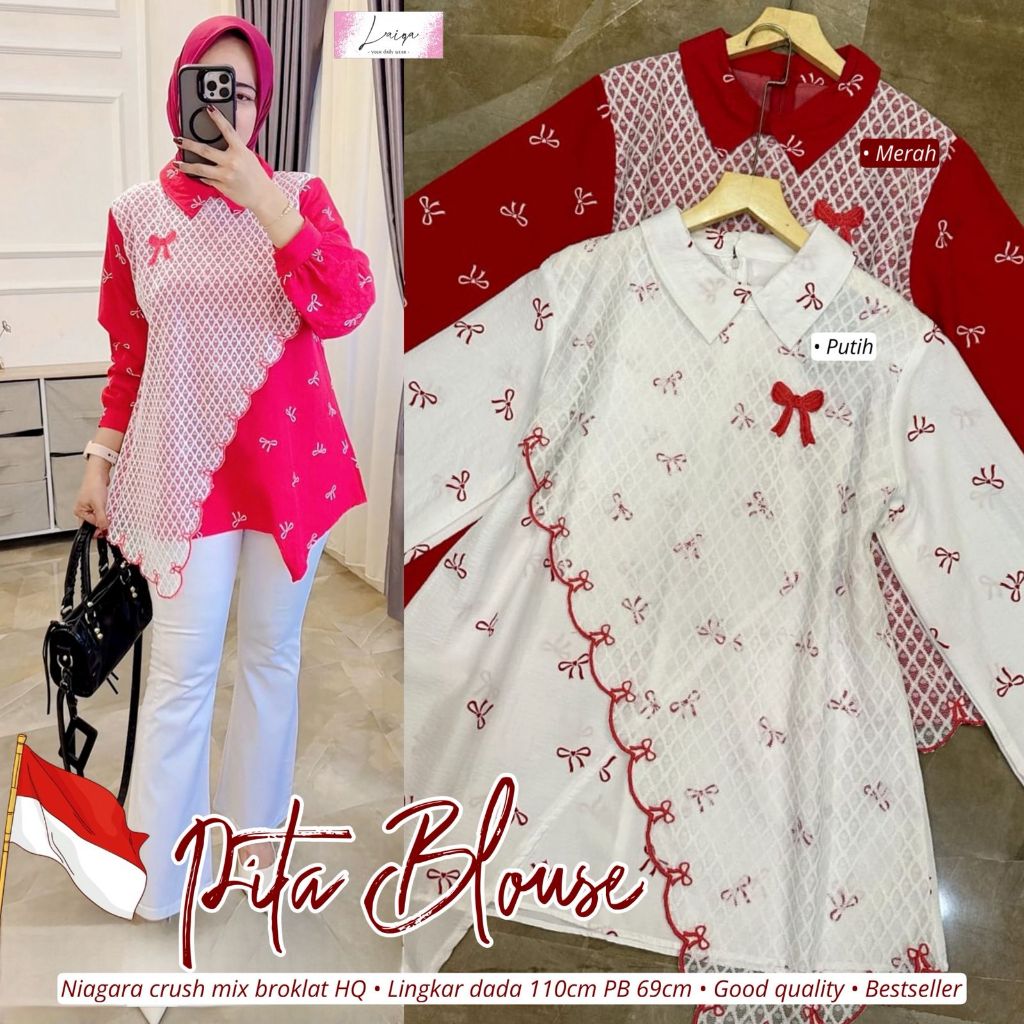 Pita Blouse Brokat Elegan Wanita – Baju Atasan Hijab Kekinian (Merah & Putih)
