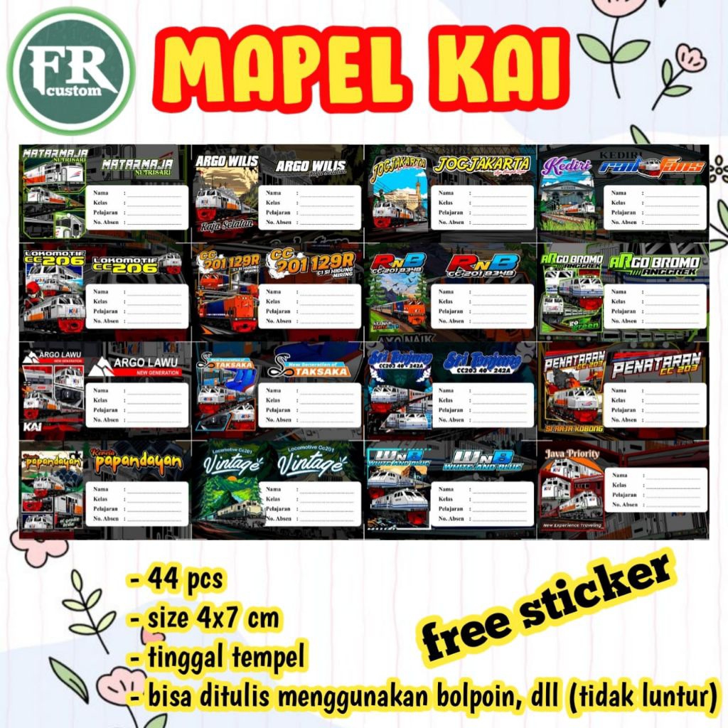 

(free sticker) 44 pcs Sticker Mapel Kereta Api Indonesia - Stiker Label Nama Buku Pelajaran Sekolah Railfans Indonesia KAI Terbaru