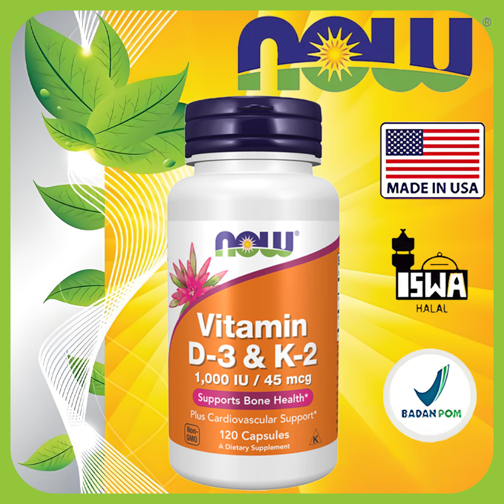 Now Vitamin D-3 1000IU K-2 45mcg [100% Original] Vitamin D3 K2 120 Capsules-MENDUKUNG KESEHATAN TULA