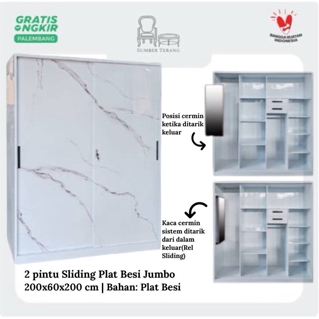 Lemari Pakaian 2 pintu Plat Besi Sliding Jumbo Lemari Pakaian Marble 2 pintu Sliding Lemari Baju Pla