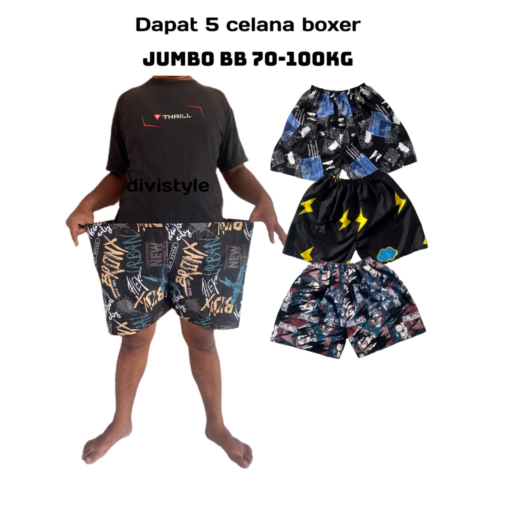 Dapat 5 Celana Kolor Pendek Boxer Jumbo Pria Wanita BB 70 - 100kg Nyaman Katun