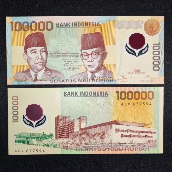 Uang Kuno Indonesia 100.000 Rupiah Polymer Soekarno Hatta Tahun 1999 | UNC | Gress