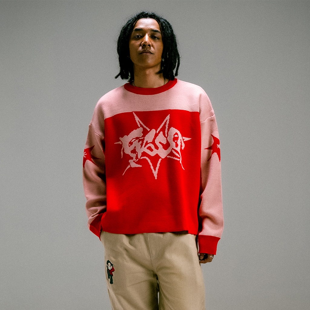 Figco - Knitted Boxy Crewneck Knitwear Sweatshirt Noir Red