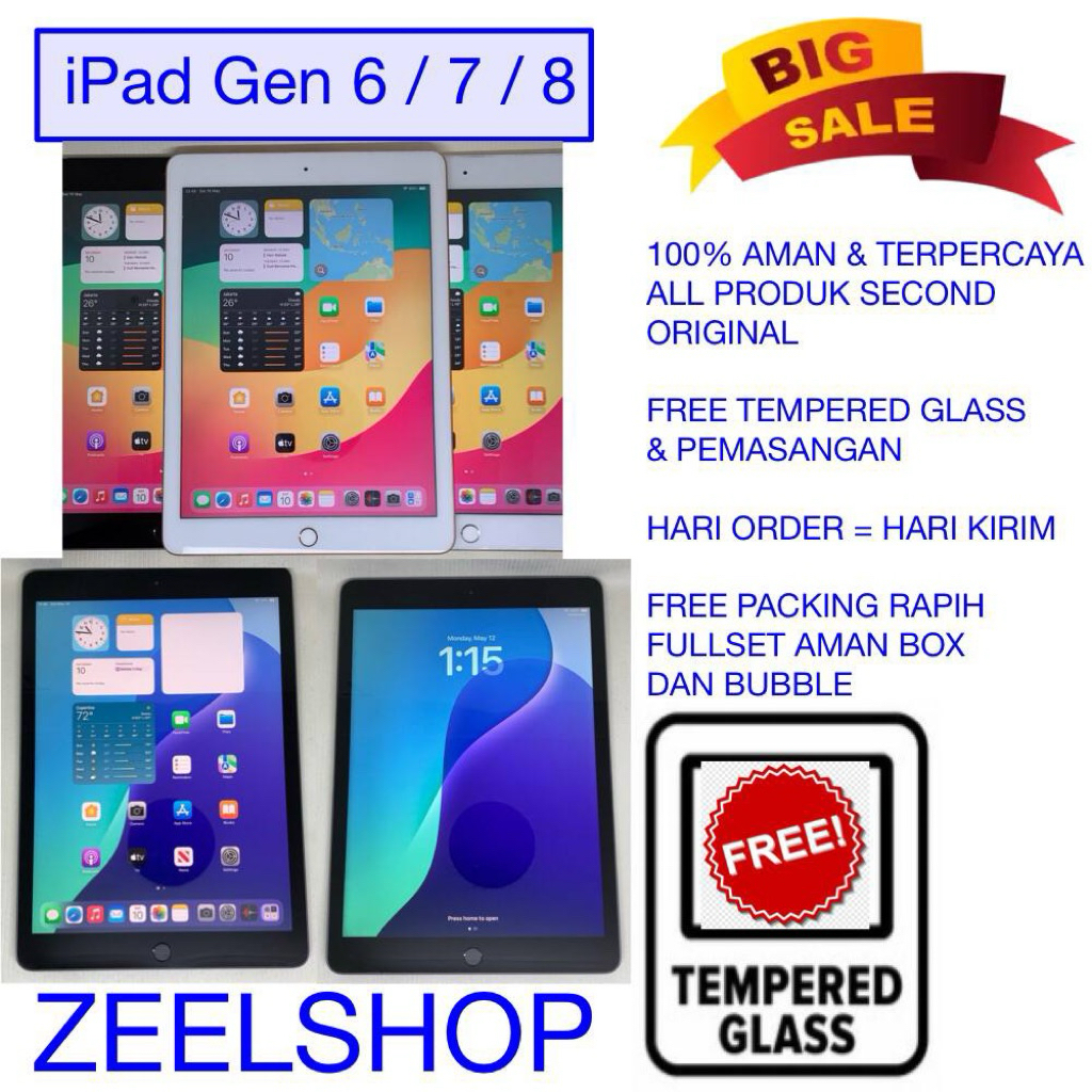 iPad 6 7 8 iOS Terbaru WIFI only 128GB 32GB Gray Silver Rose Gold Second Original Free Anti Gores