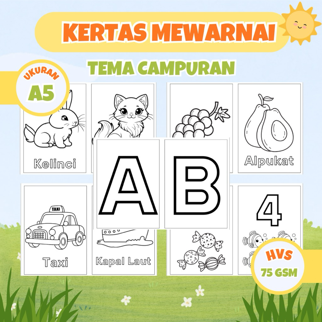

Kertas Mewarnai Anak Tema Hewan, Buah & Sayuran, Kendaraan, Alfabet, dan Angka isi 50 gambar berbeda