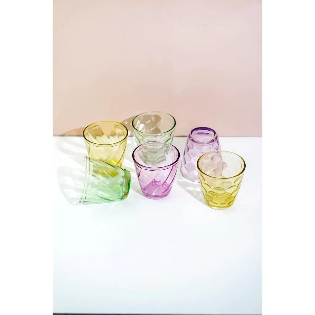 gelas kaca warna warni, glass set 6in1 , gelas air minum aesthetic, gelas teh kopi,  gelas kaca set