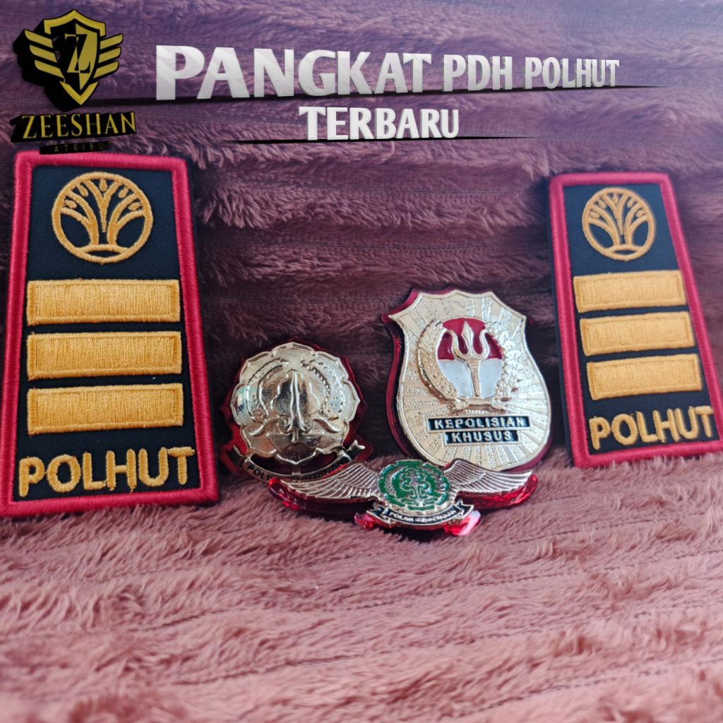 Pangkat 3B lis Merah Polhut Logo Terbaru 1set/ Kewenangan Terbaru/Pin Polhut/Wing Polhut/ Sabuk Pdh 