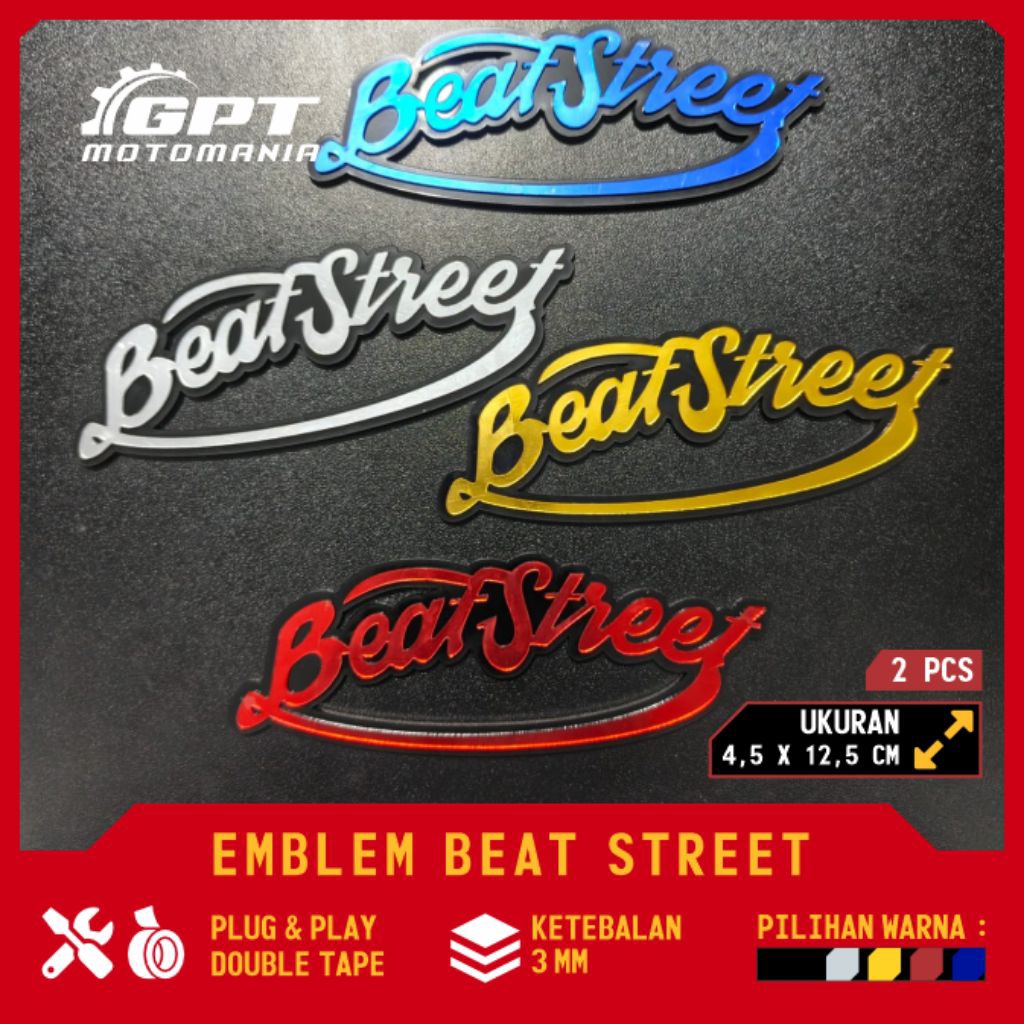 BEAT STREET GOLD SILVER MERAH BIRU STIKER AKRILIK MIRROR EMBLEM MOTOR BEAT STREET DOUBLE TAPE