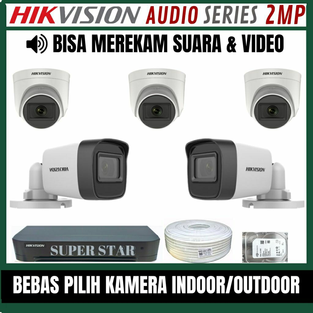 PAKET CCTV HIKVISION AUDIO 8 CHANNEL 5 KAMERA 2MP 1080P BISA MEREKAM SUARA