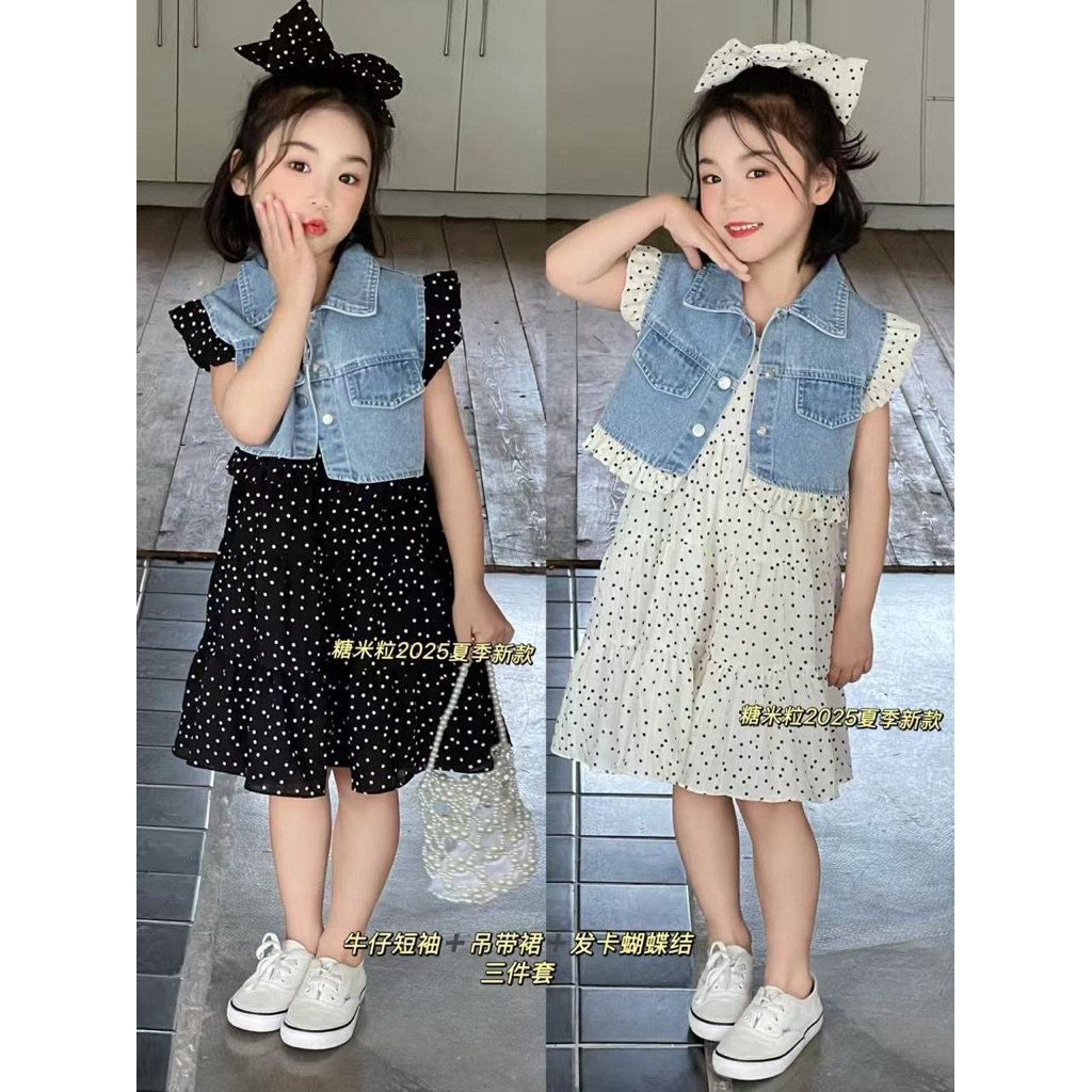 [COD] dress 2in1 polka rompi jeans