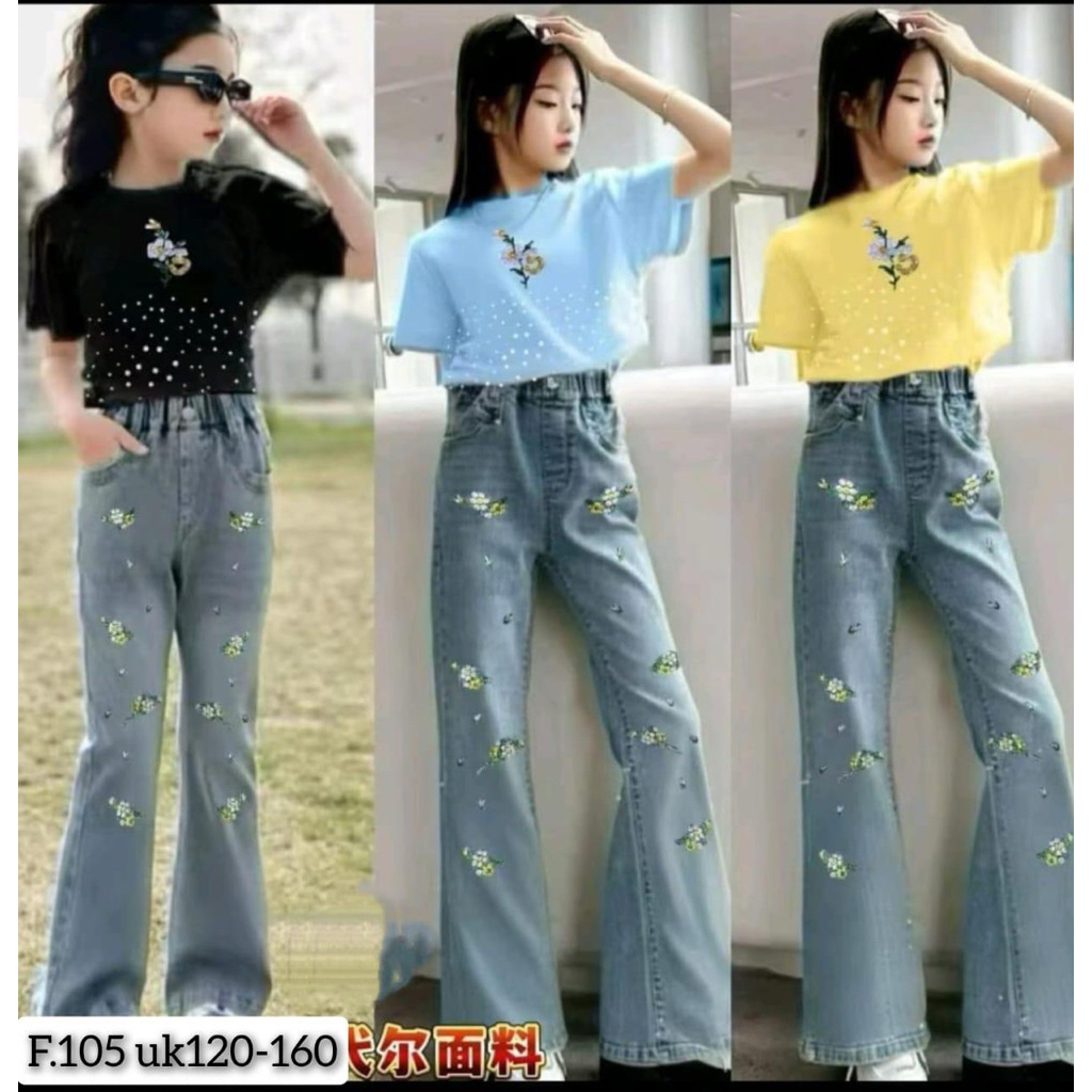 one set kulot jeans crop top anak perempuan import premium 5-8 tahun