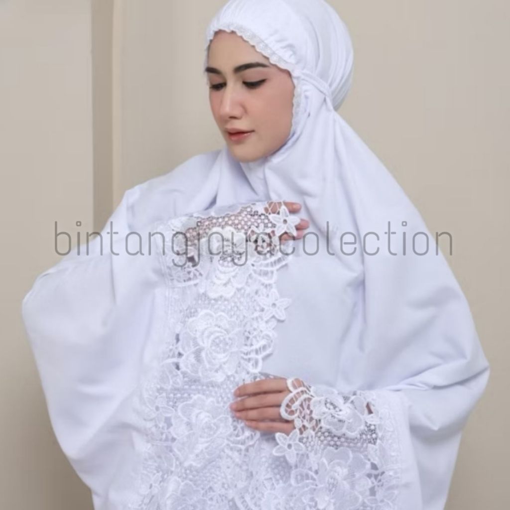 mukena prada katun premium putih renda import