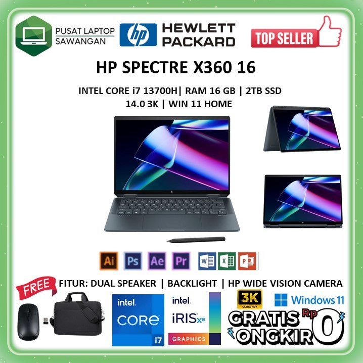 Laptop HP Spectre X360 16 Intel Core i7 13700H 16GB 1TB SSD Windows 11 Nightfall Black Garansi 1 Thn
