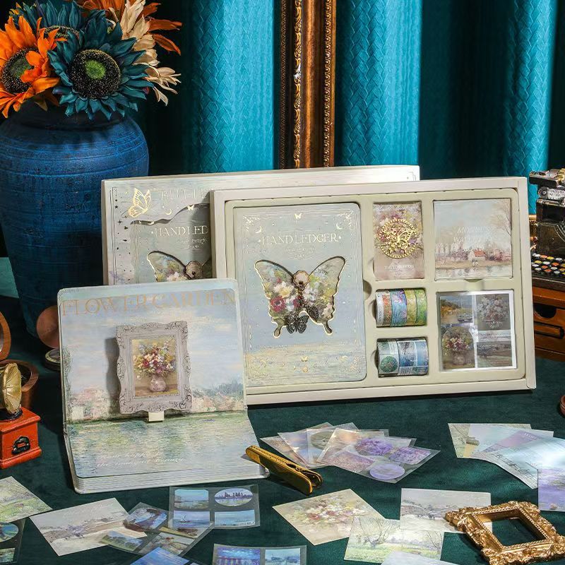 

Oil painting butterfly hollowed out gift box set with high aesthetic value, hot stamping, hand account book, note taking notebook