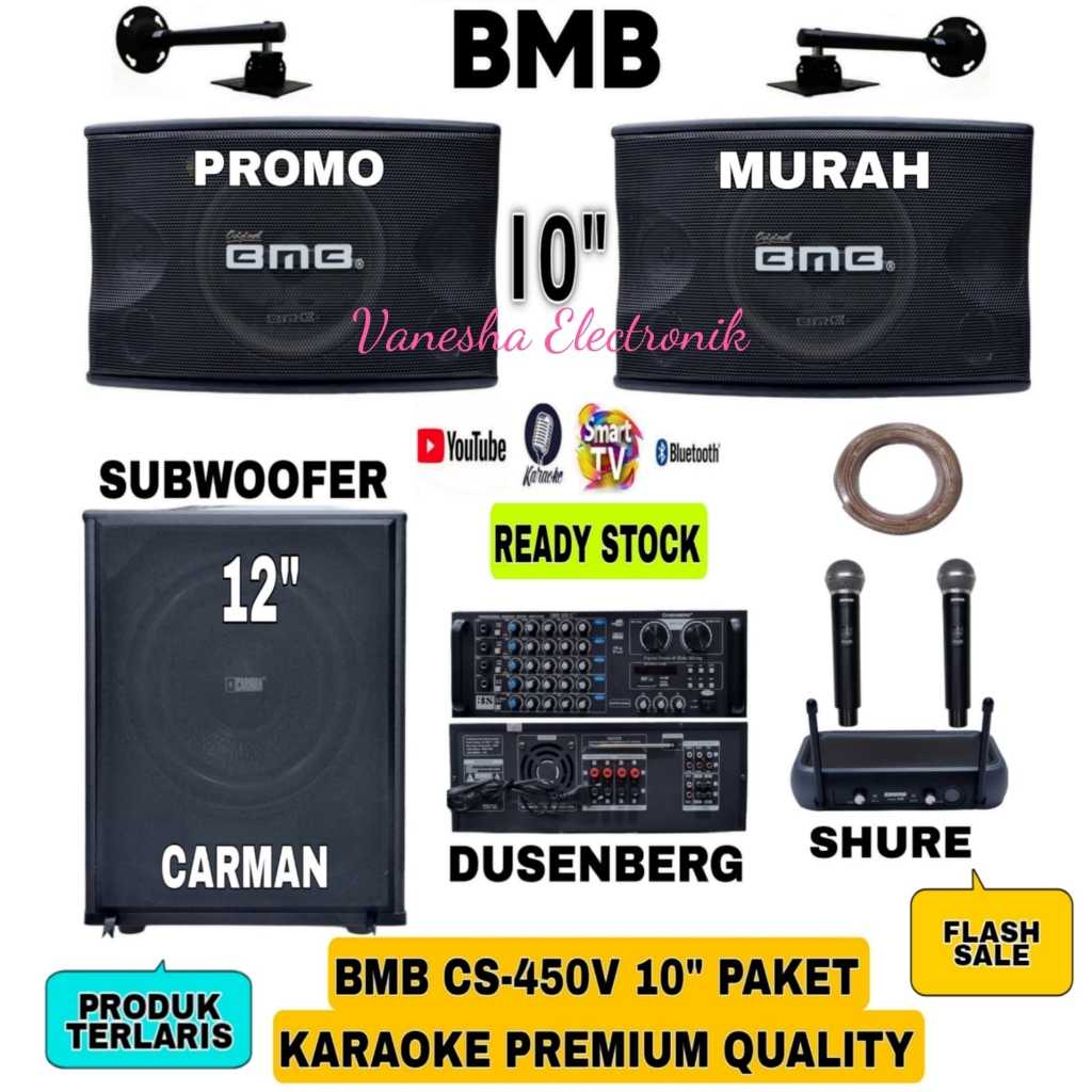 Paket Karaoke Speaker Pasif 10 Inch BMB CS450V+Subwoofer Crimson 12 Inch+Amplifier Dusenberg+1 Set M