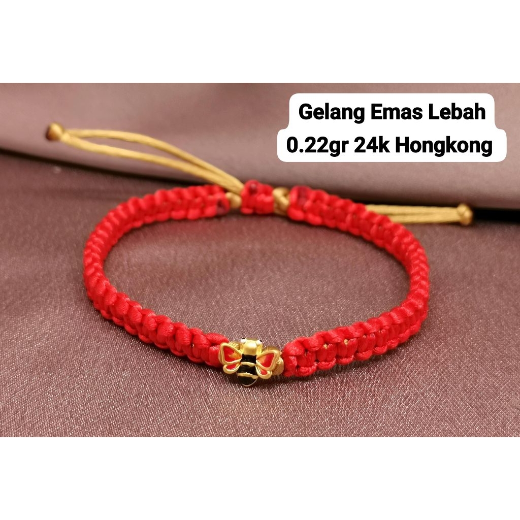 Gelang Emas Asli Charm Lebah 24K Hongkong 999% Tali Kepang