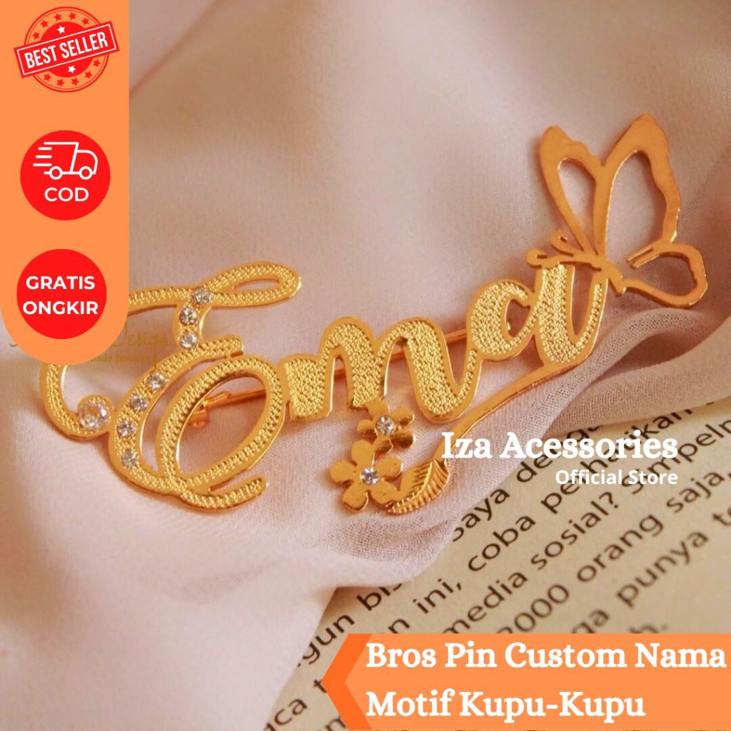 [Free Cincin] Bros Custom Nama - Bros Pin Nama Lapis Emas Motif Kupu-Kupu