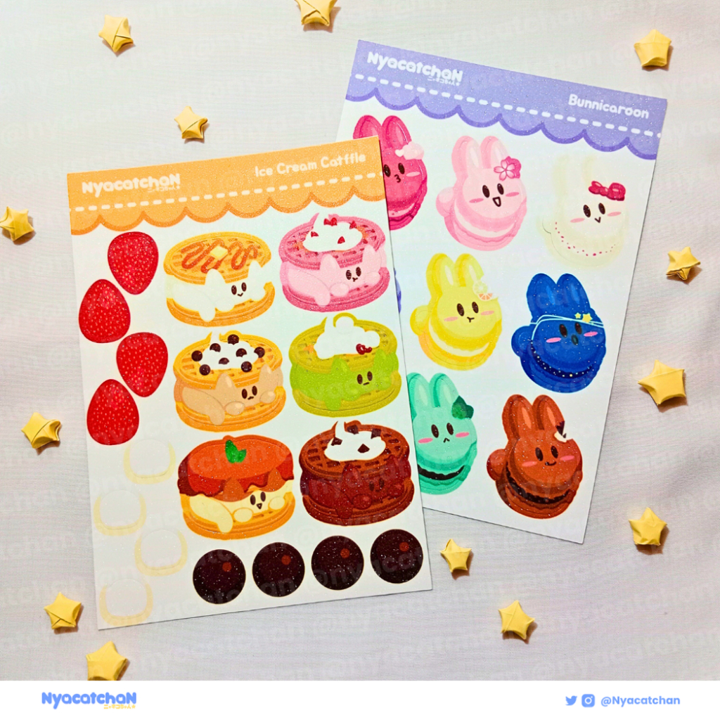 

[Nyacatchan] Glitter Sticker Sheet Lembaran A6 Kucing Waffle Kelinci Macaroon Makanan Lucu Kawaii
