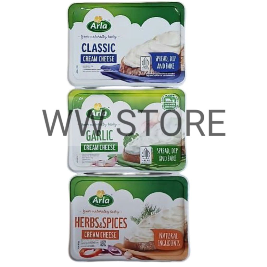 

Krim keju rasa klasik bawang putih dengan bumbu dan rempah halal MUI Arla HERBS & SPICES NATURAL INGREDIENTS GARLIC CLASSIC Spread Dip Bake Cream Cheese 150g