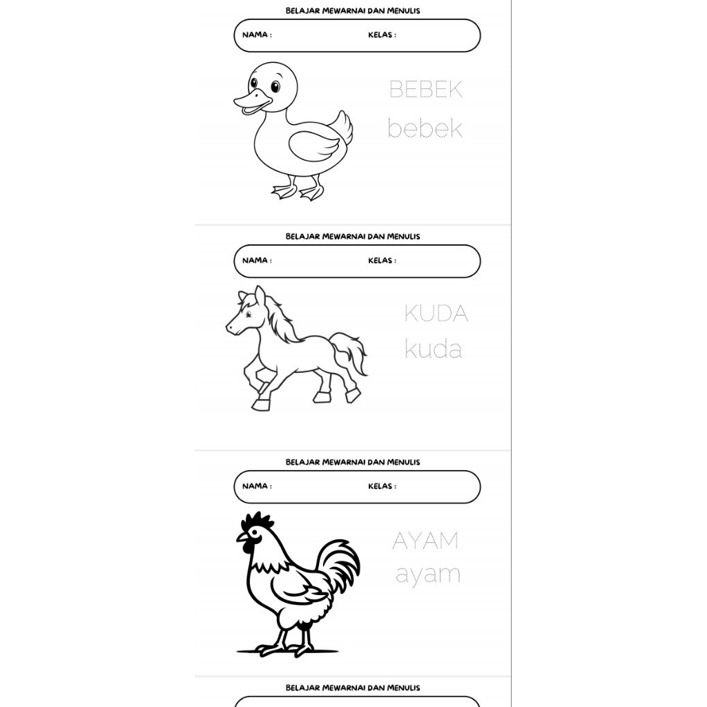 

File PDF mewarnai dan menulis anak motif Hewan