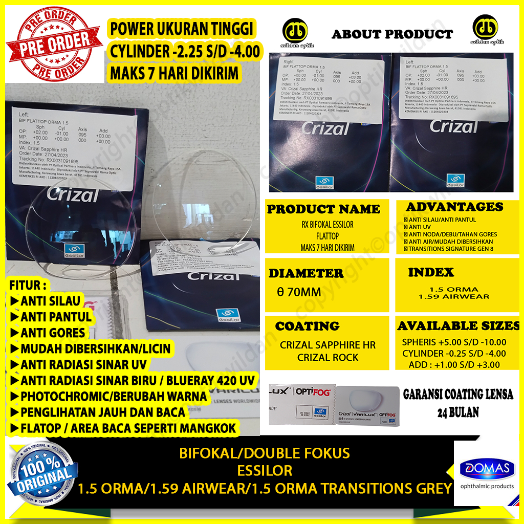 ESSILOR BIFOKAL FLATTOP CRIZAL ROCK/CRIZAL SAPPHIRE HR TERBARU