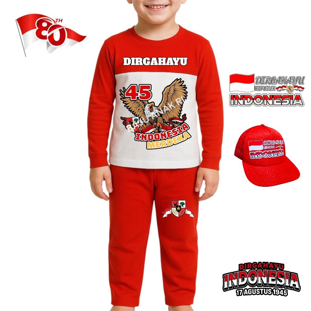 Baju Setelan Anak Agustus Kemerdekaan Indonesia Garuda 45 Lengan Panjang Untuk Usia 1-10 Tahun