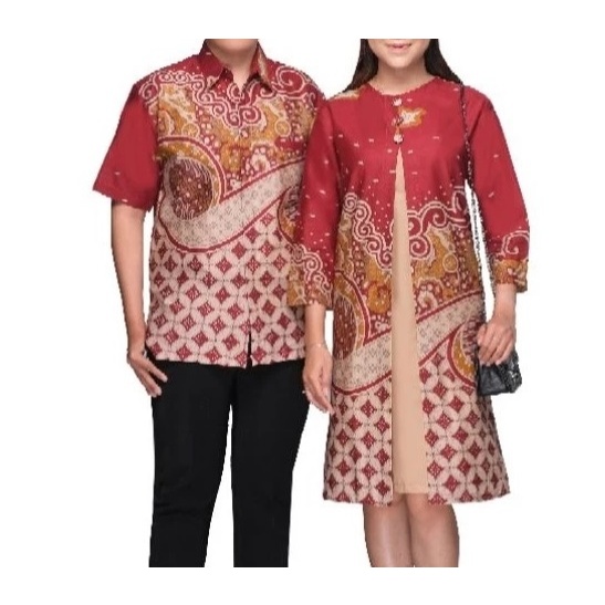 BAJU COUPLE BATIK TUNIK MERAH SARIMBIT TUNIK JUMBO COUPLE BATIK MERAH