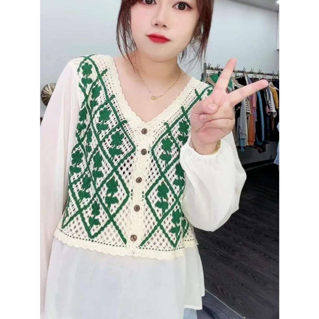 Rompi Rajut Motif Hijau Putih Vintage Wanita - Outer Crochet Elegan Lengan Panjang Kombinasi